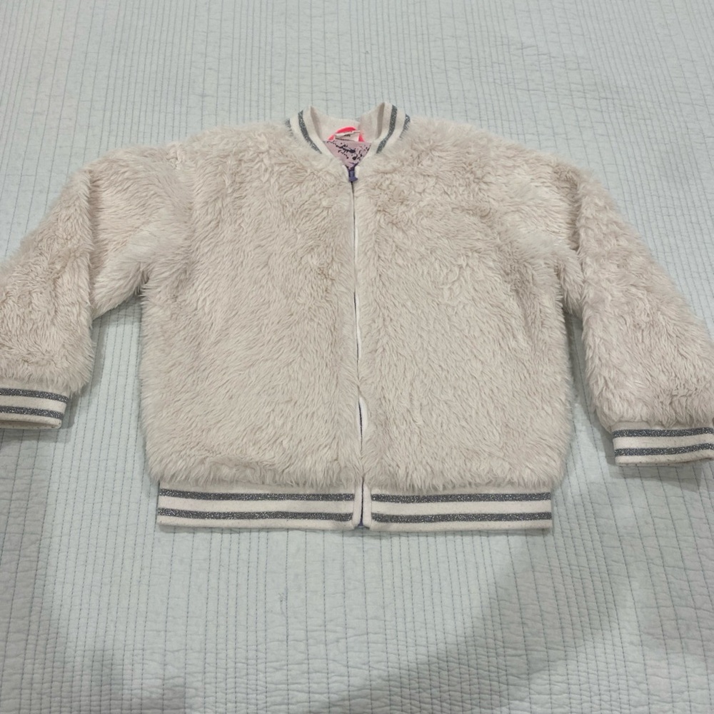 JACKET Fuzzy Fur EGG NEW YORK Full zip White Silver Metallic Girls 6